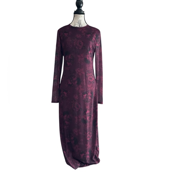 Cupshe Jo Jo Red Rose Mesh Maxi Dress Long Sleeve Bodycon L NWT Semi Sheer Sexy - Picture 2 of 16